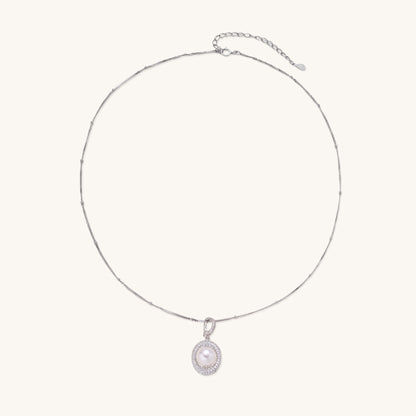 Sterling silver necklace with freshwater pearl in sparkling crystal halo pendant on delicate beaded chain