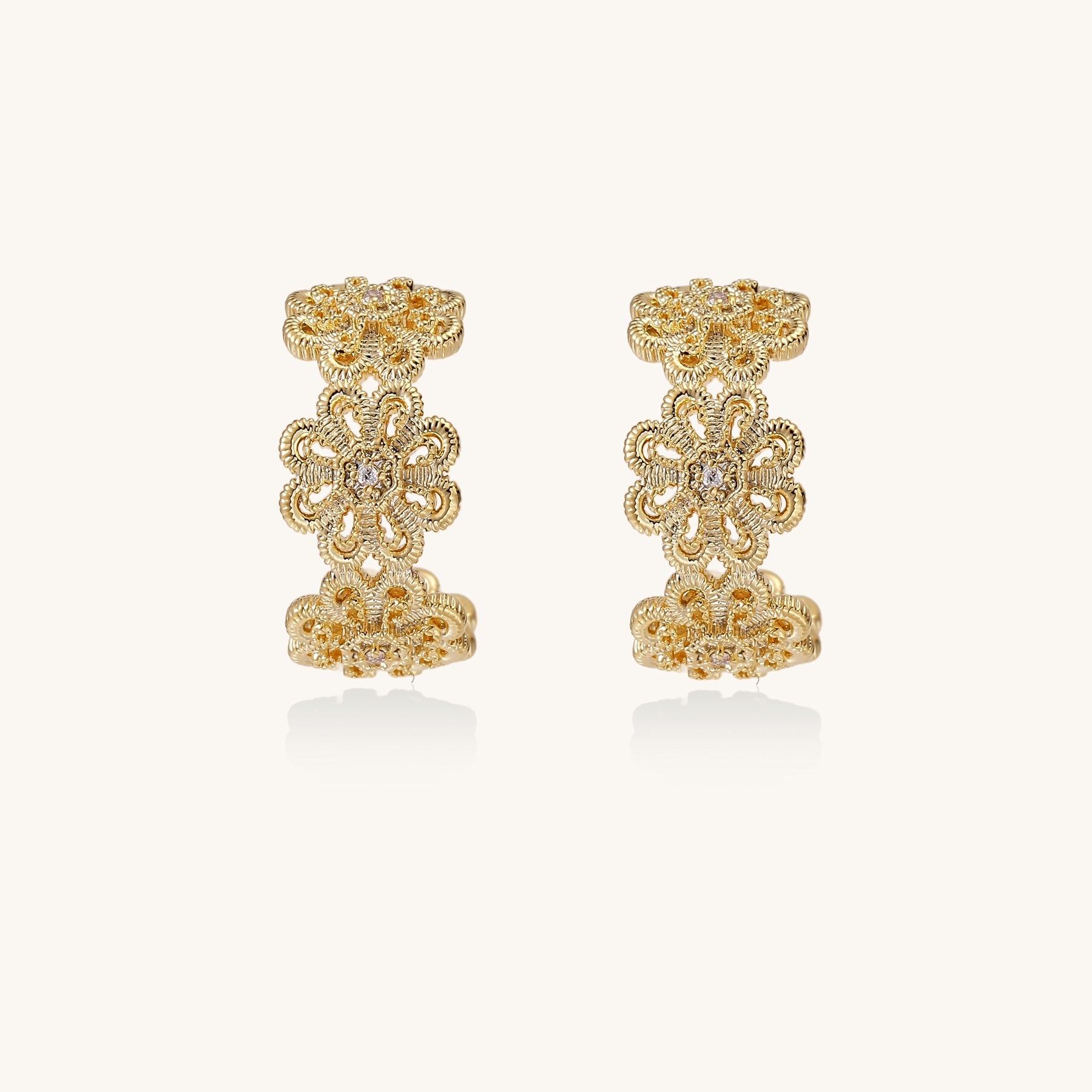 Ornate gold-plated brass hoop earrings featuring delicate floral filigree patterns and intricate rosette details.