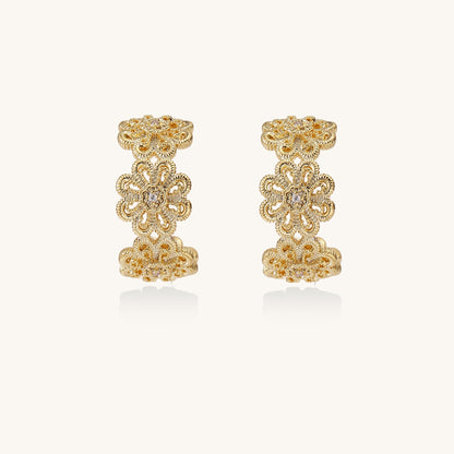 Ornate gold-plated brass hoop earrings featuring delicate floral filigree patterns and intricate rosette details.