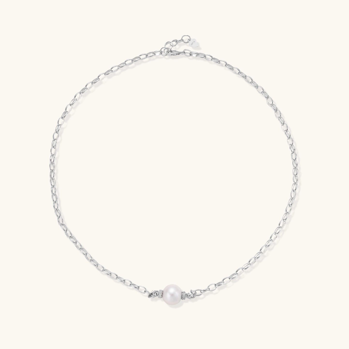 Sterling silver chain necklace with single white freshwater pearl centerpiece on neutral background, 445mm length.