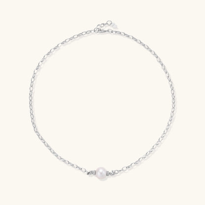 Sterling silver chain necklace with single white freshwater pearl centerpiece on neutral background, 445mm length.