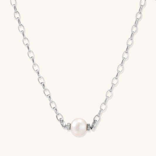 Sterling silver chain necklace with single white freshwater pearl centerpiece on neutral background, 445mm length.