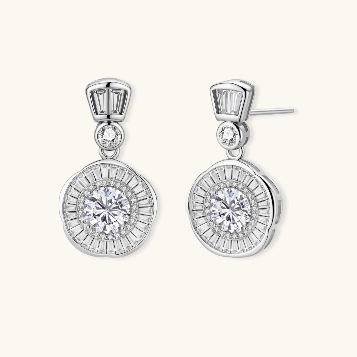 Art Deco-inspired sterling silver drop earrings with tiered moissanite stones in geometric sunburst design