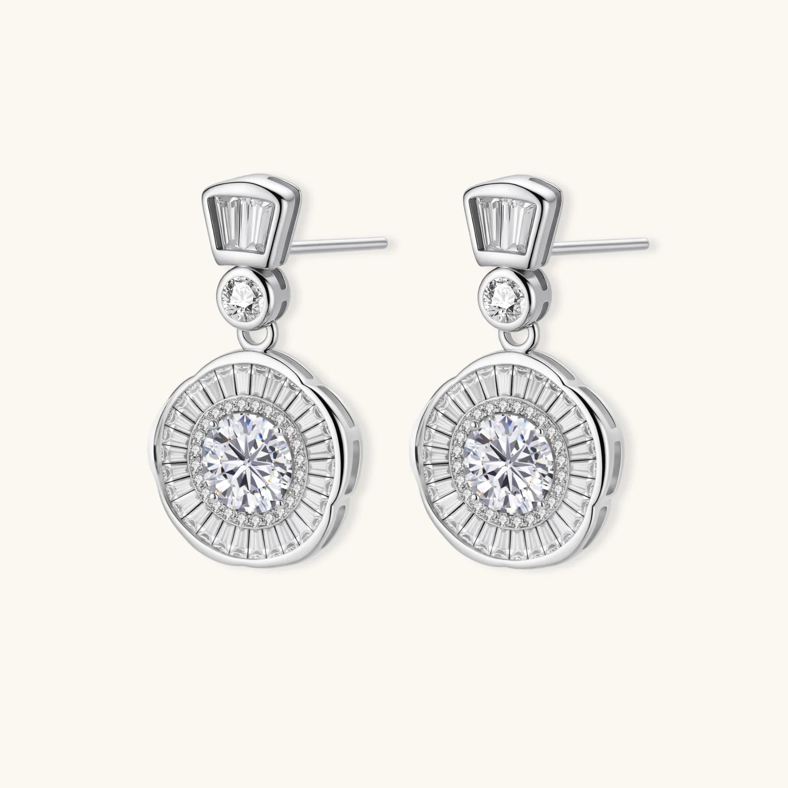 Art Deco-inspired sterling silver drop earrings with tiered moissanite stones in geometric sunburst design
