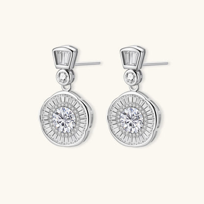 Art Deco-inspired sterling silver drop earrings with tiered moissanite stones in geometric sunburst design