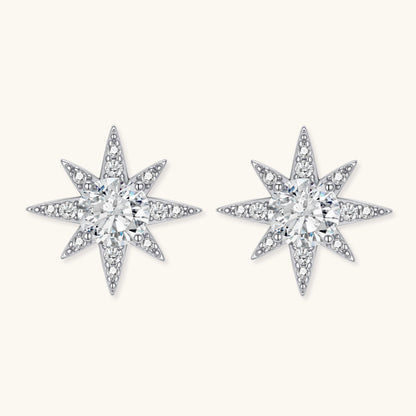 Sterling silver star-shaped stud earrings with brilliant moissanite center stones and pavé details on neutral background.