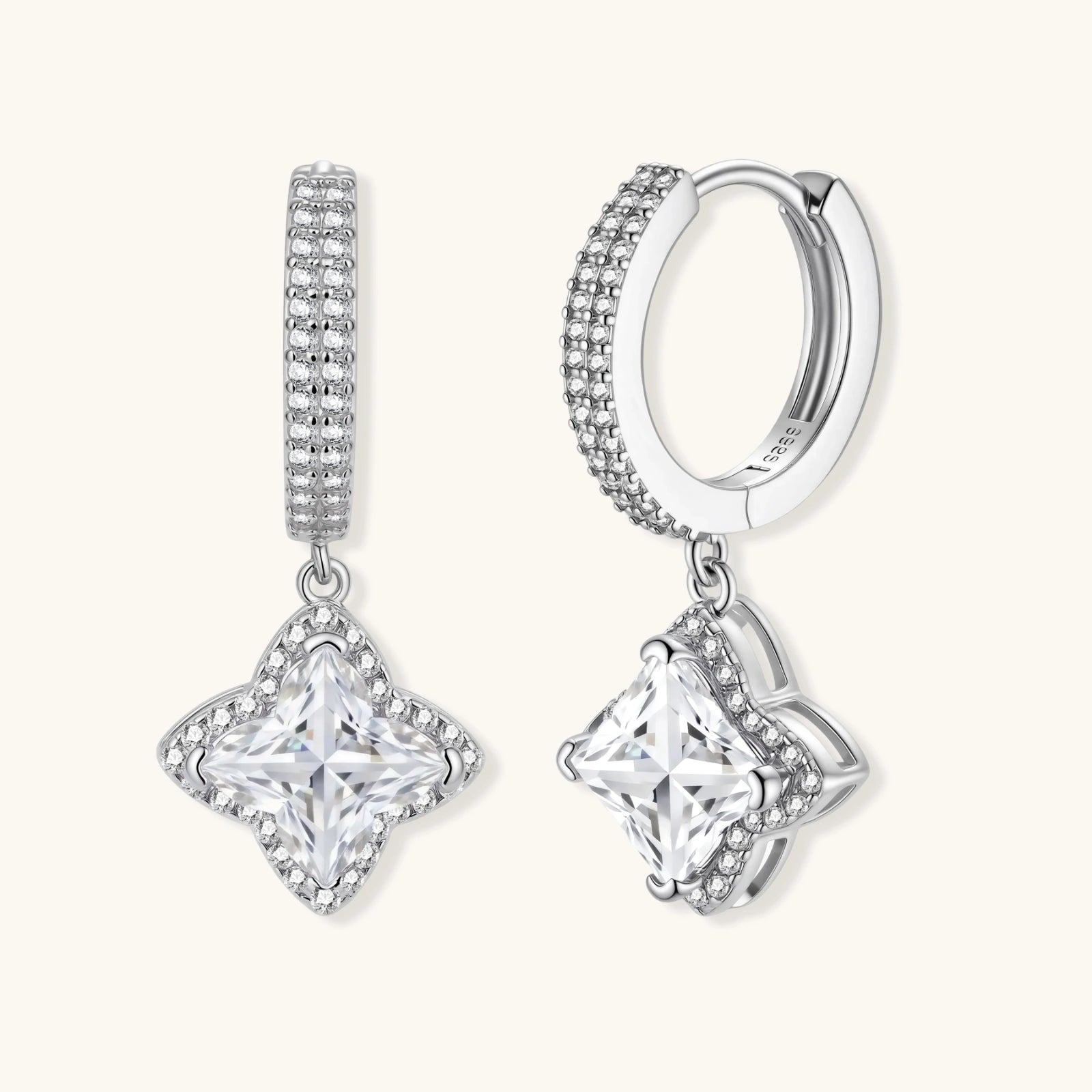 Sterling silver huggie hoops with geometric diamond-shaped moissanite dangles featuring pavé crystal details